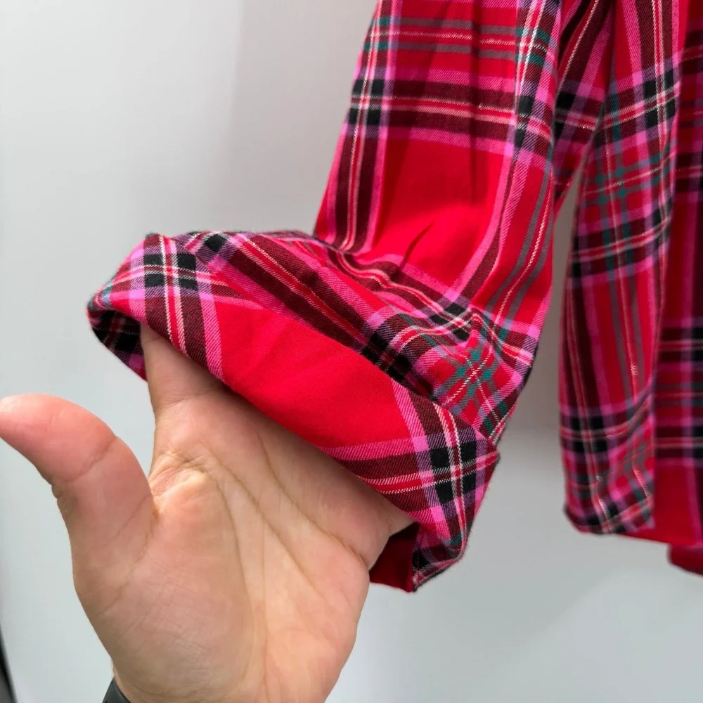 Victorias Secret Red Pink Plaid Pajama Top XL/XG Metallic Lurex & Scrunchie NEW
